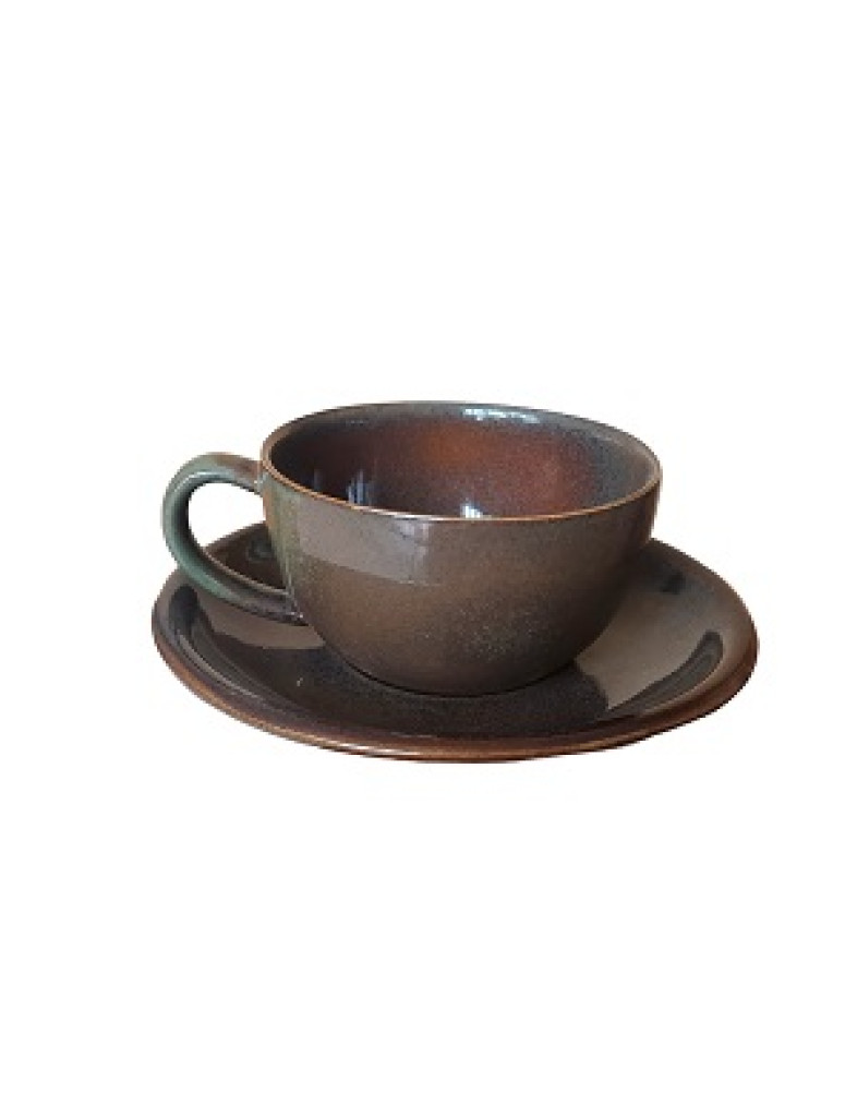 Чашка з блюдцем Ideal Ceramic 250мл, коричнева з зеленим